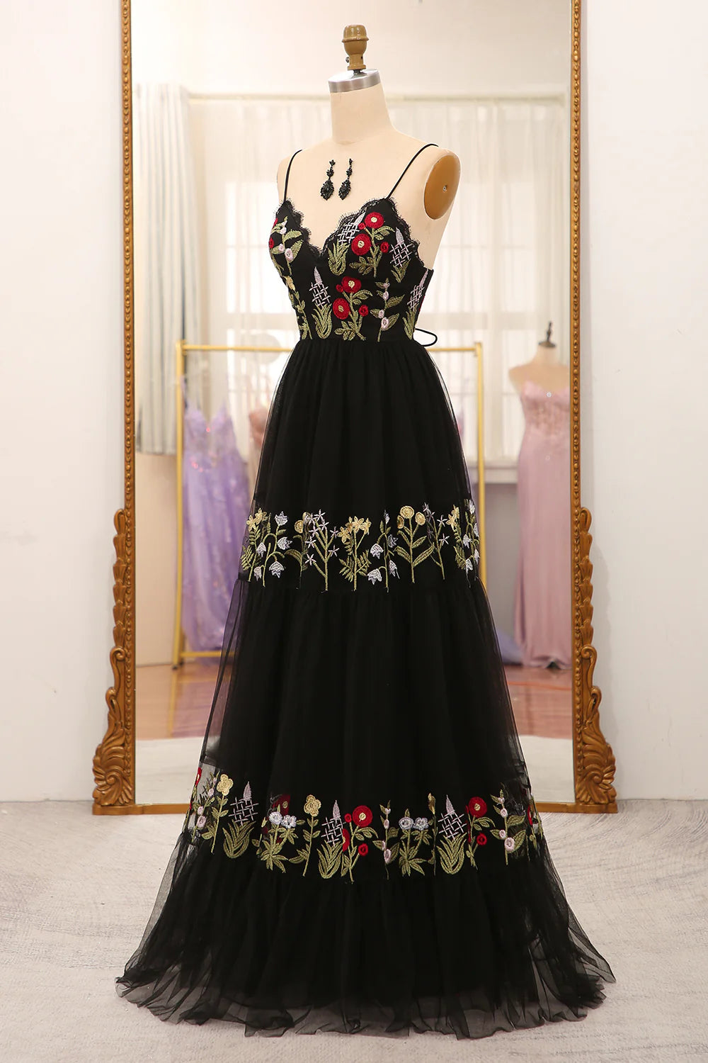 A-Line Spaghetti Straps Embroidered Black Long Corset Prom Dress